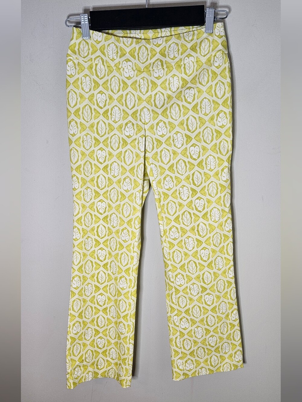 J McLaughlin Ivy Pants Yellow Green Leaf Print Cropped Stretch Pull On Women's 0